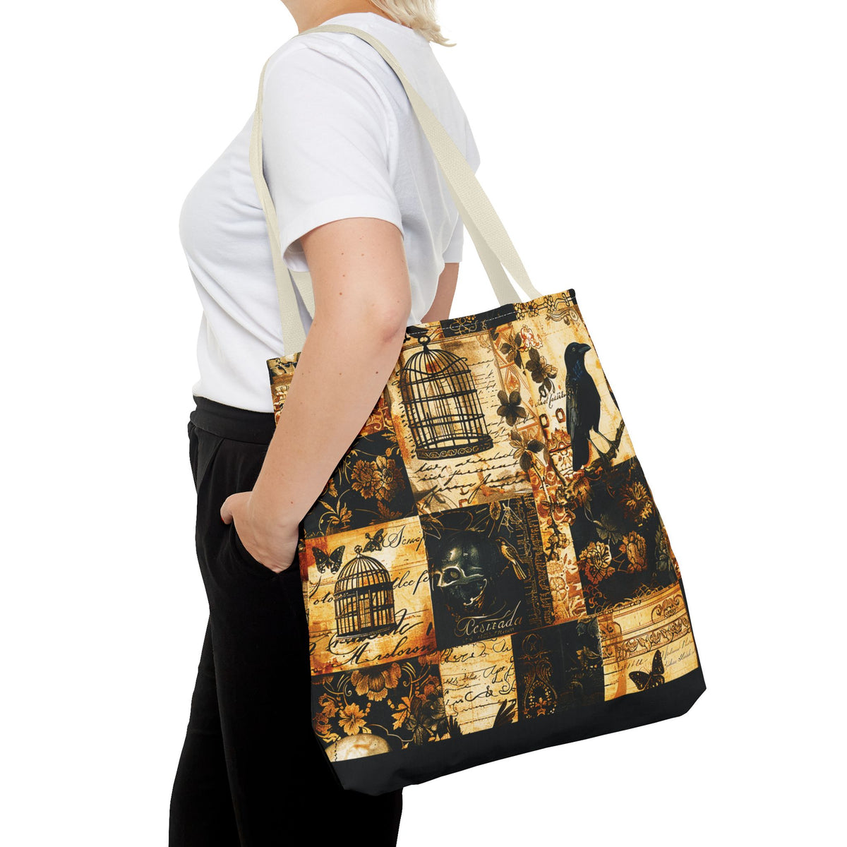 Gothic Raven Patchwork Tote Bag – Vintage Sepia and Black Collage Print