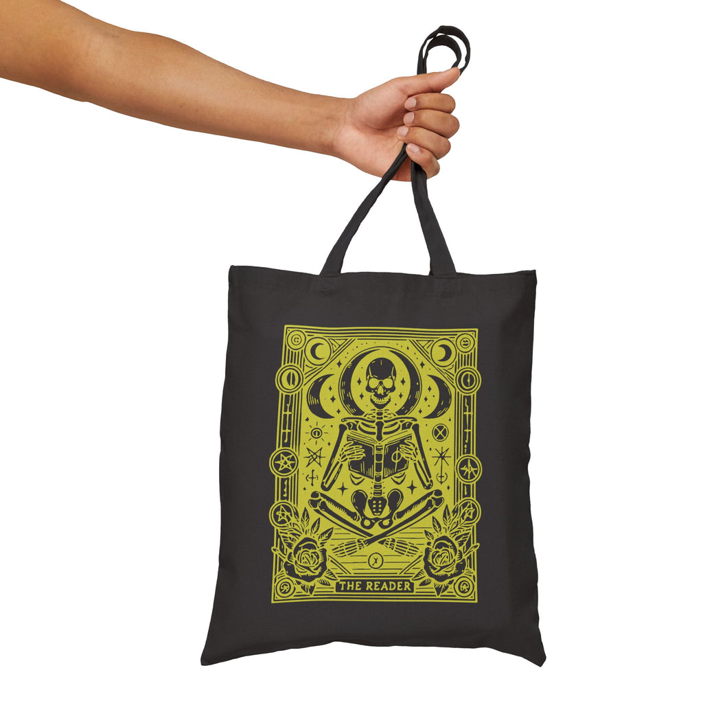 The Reader Skeleton Tarot Design in Green Cotton Canvas Tote