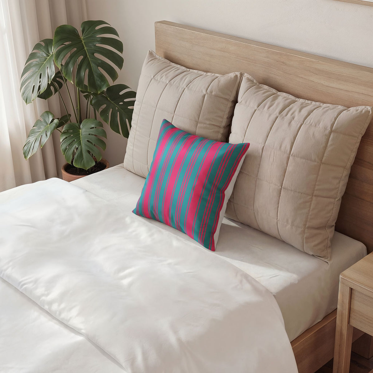 Whimsical Velvet Decor Pillow - Bright Pink and Blue Ticking Stripe Throw Pillow