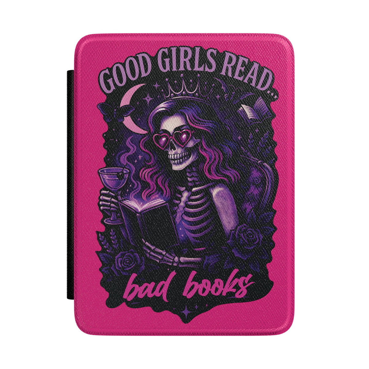 'Good Girls Read Bad Books' Gothic Skeleton Kindle Case - Bright Pink and Purple E- Reader Cover