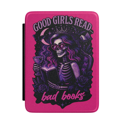 'Good Girls Read Bad Books' Gothic Skeleton Kindle Case - Bright Pink and Purple E- Reader Cover