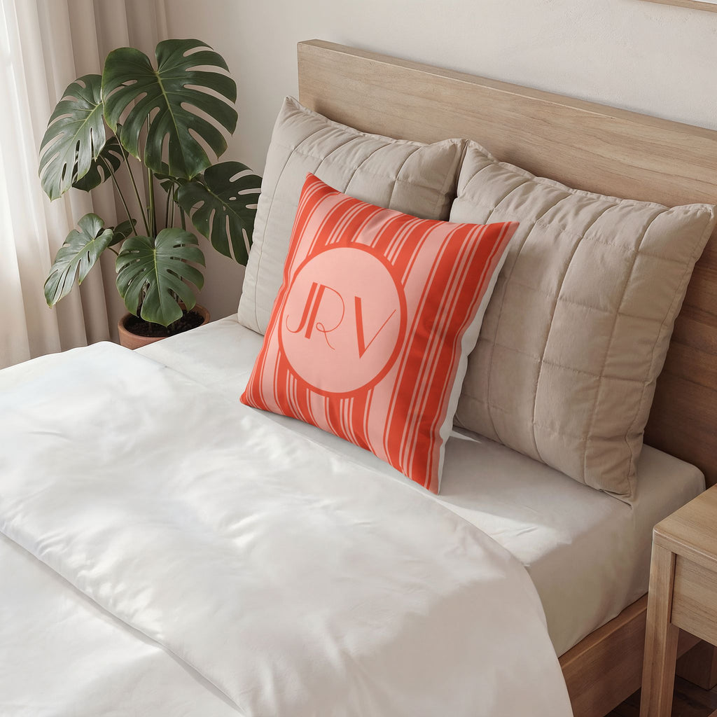 Retro Velvet Personalizable Pillow - Vermillion Orange Ticking Stripe Monogram Pillow