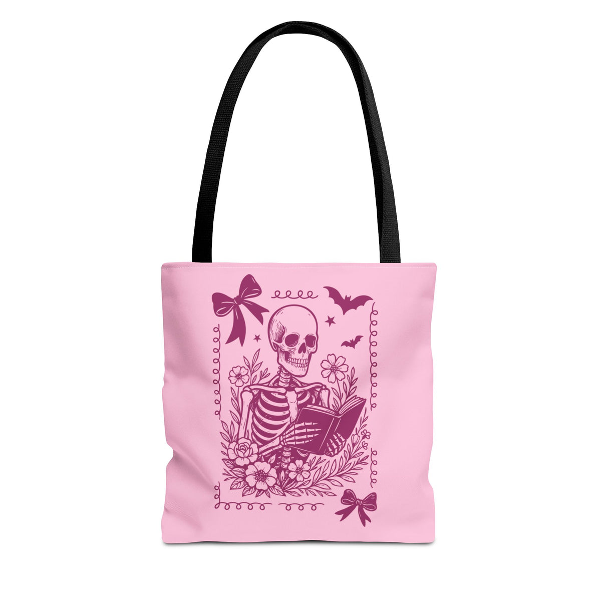 Floral Pink Reading Skeleton Tote Bag  - Cute Gothic Booklover Tote