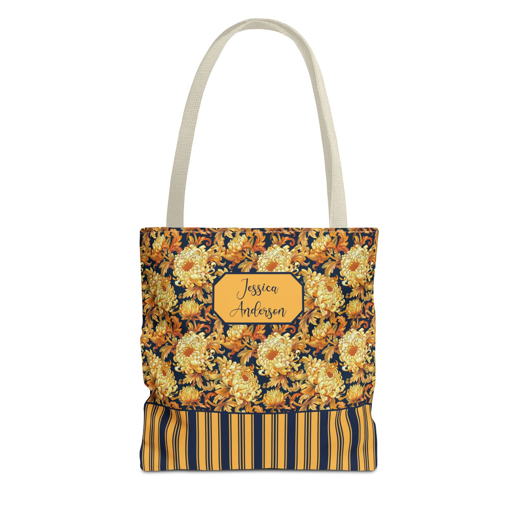 Personalizable Floral Harvest Tote Bag — Vintage Chrysanthemum Striped Tote