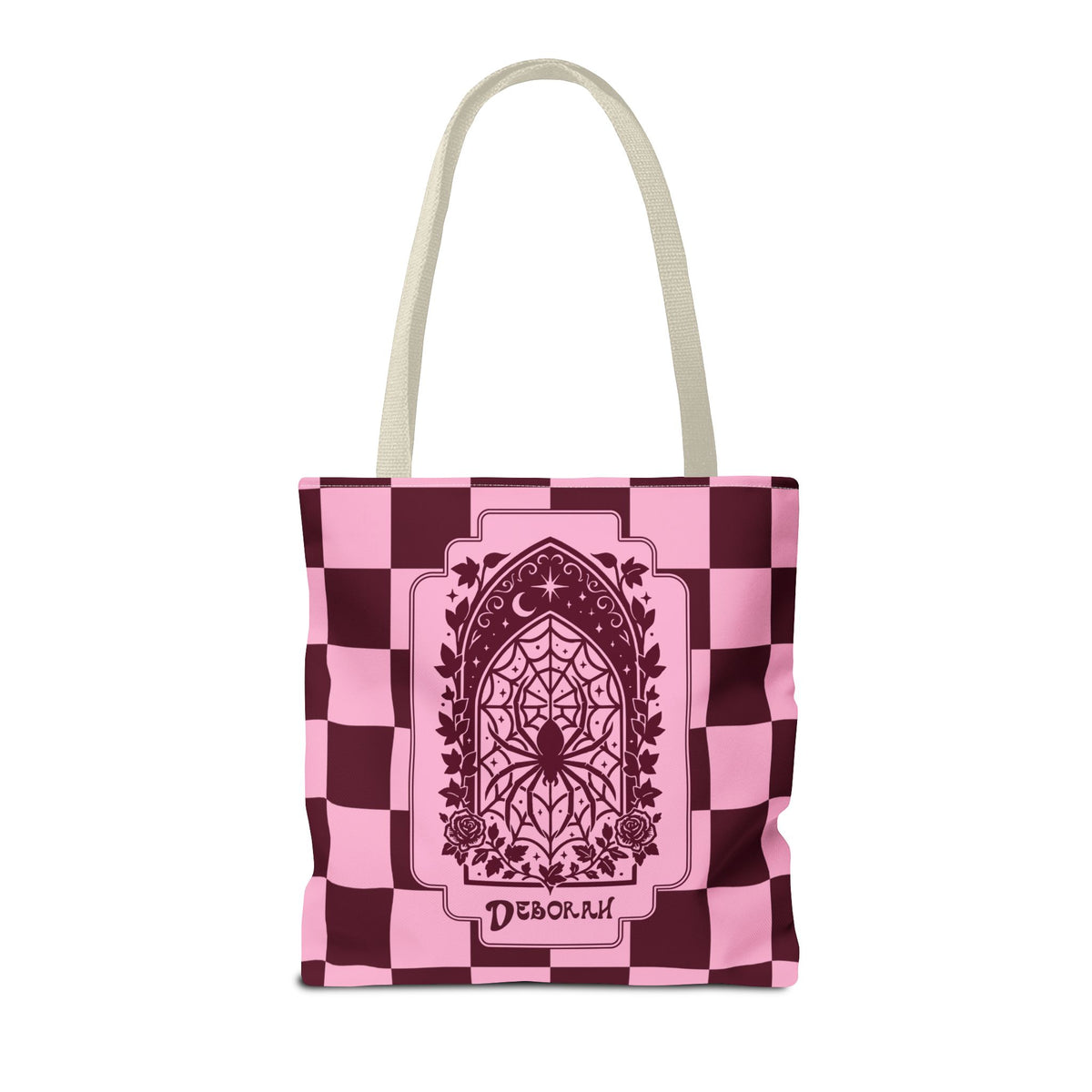 Personalizable Pink and Burgundy Retro Goth Tote with Mystic Spider Stained Glass Design