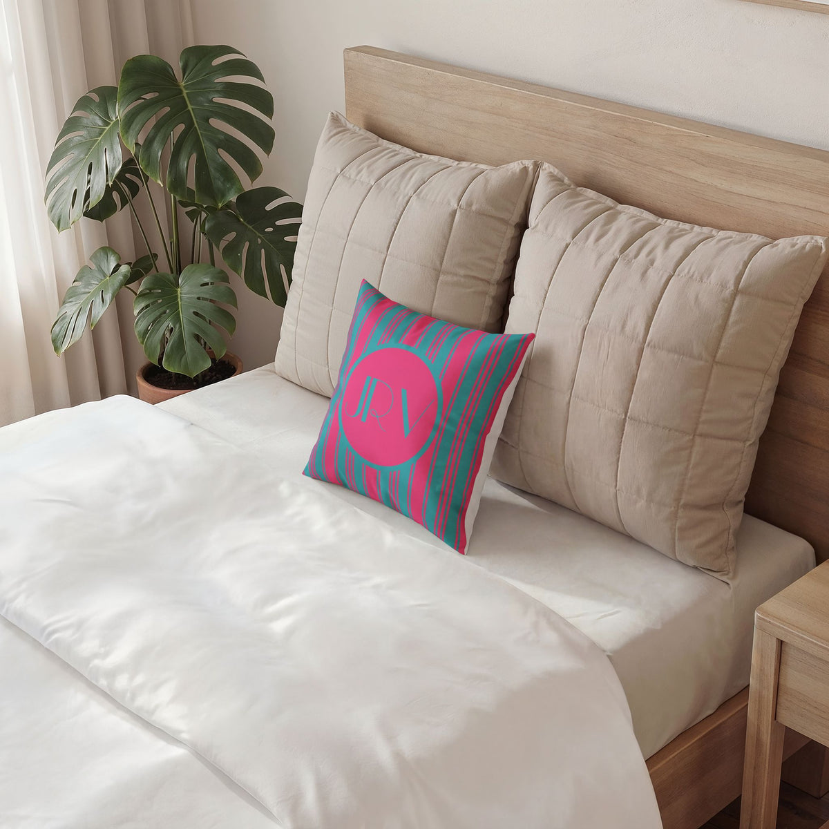 Monogram Velvet Throw Pillow - Bright Pink and Blue Ticking Stripe Decorative Pillow