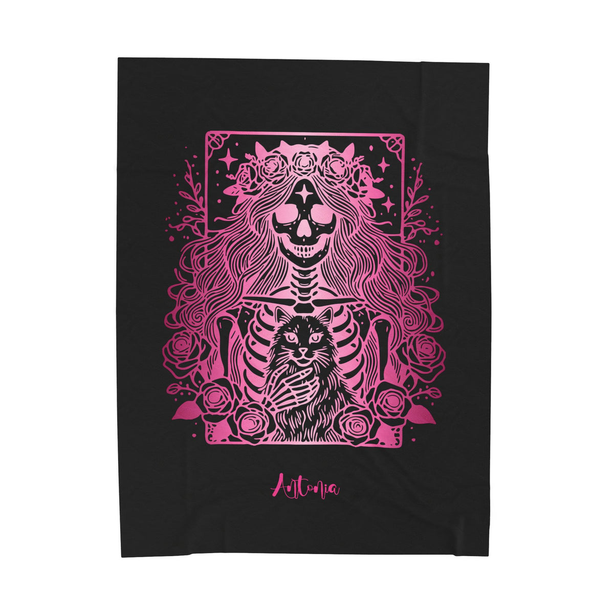 Skeleton Woman and Cat Personalized Velveteen Blanket - Pink Cat Mom Tarot Throw
