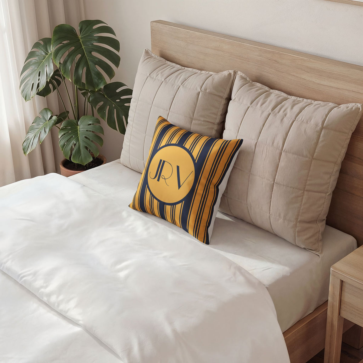 Personalizable Velvet Pillow - Blue and Gold Ticking Stripe Monogram Throw Pillow