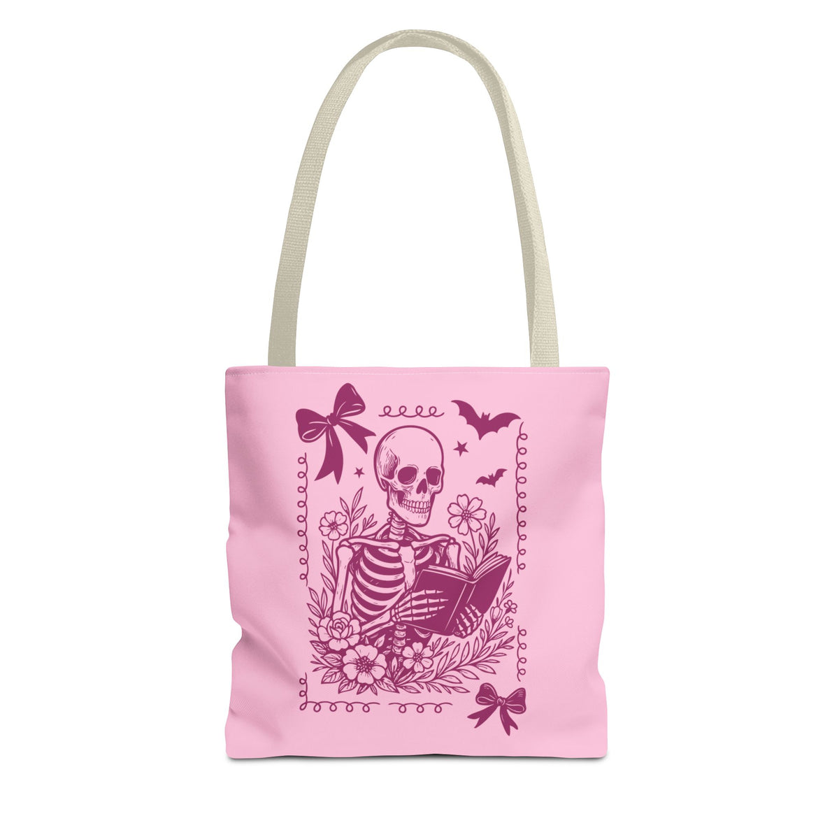 Floral Pink Reading Skeleton Tote Bag  - Cute Gothic Booklover Tote