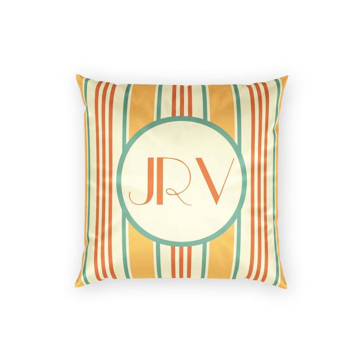 Monogram Velvet Pillow - Customizable Orange and Mint Ticking Stripe Throw Pillow
