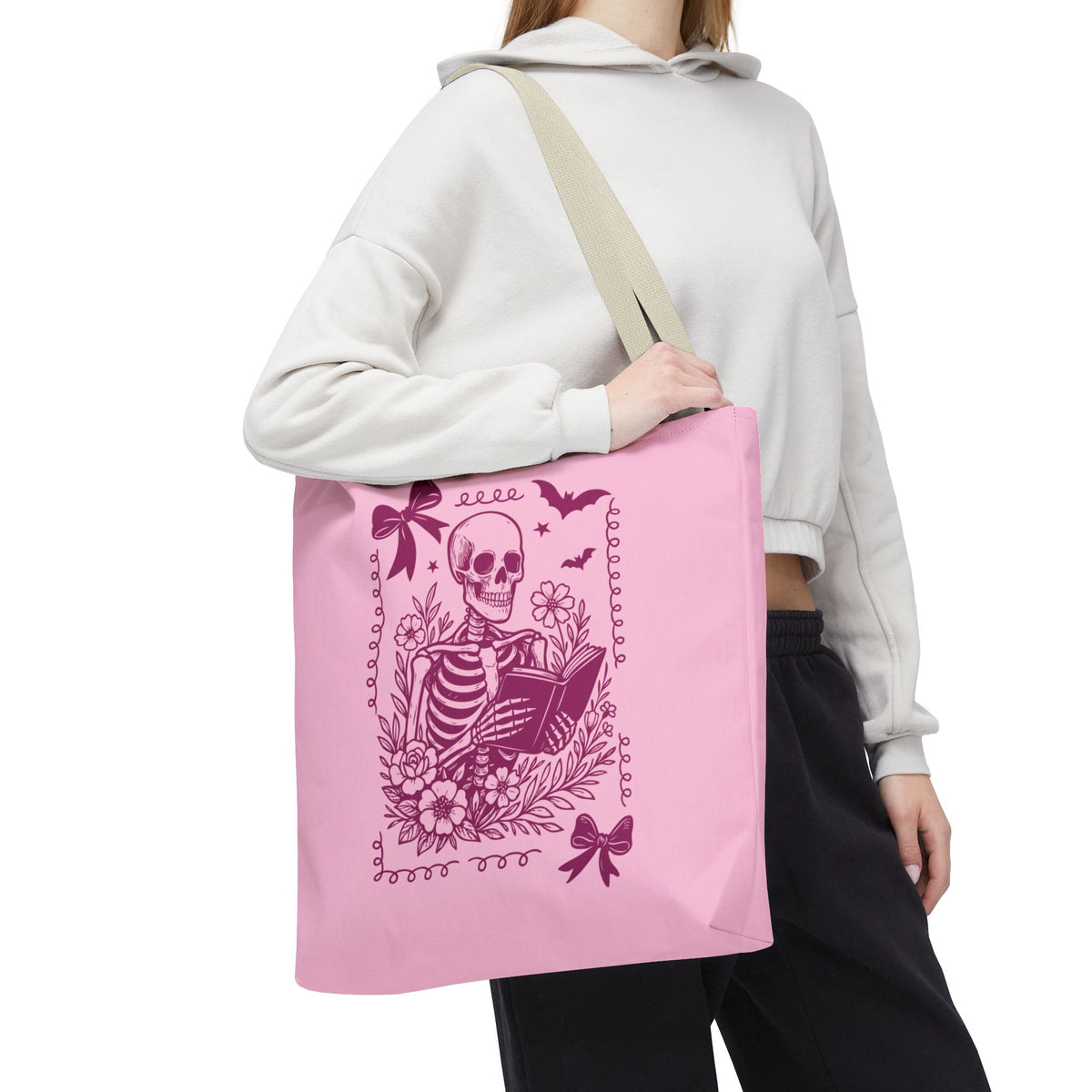 Floral Pink Reading Skeleton Tote Bag  - Cute Gothic Booklover Tote