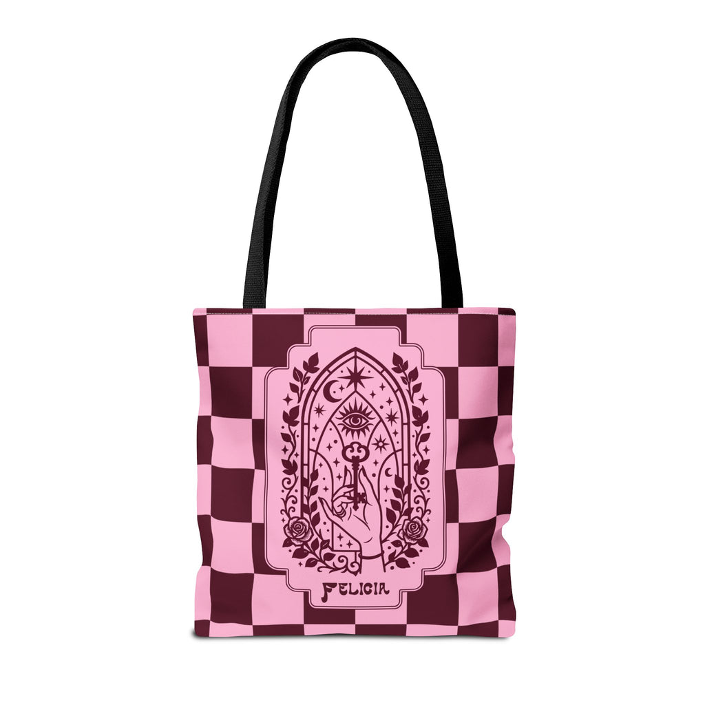 Personalizable Mystic Hand with Key Checkerboard Tote Bag – Pink and Burgundy Retro Goth Carryall