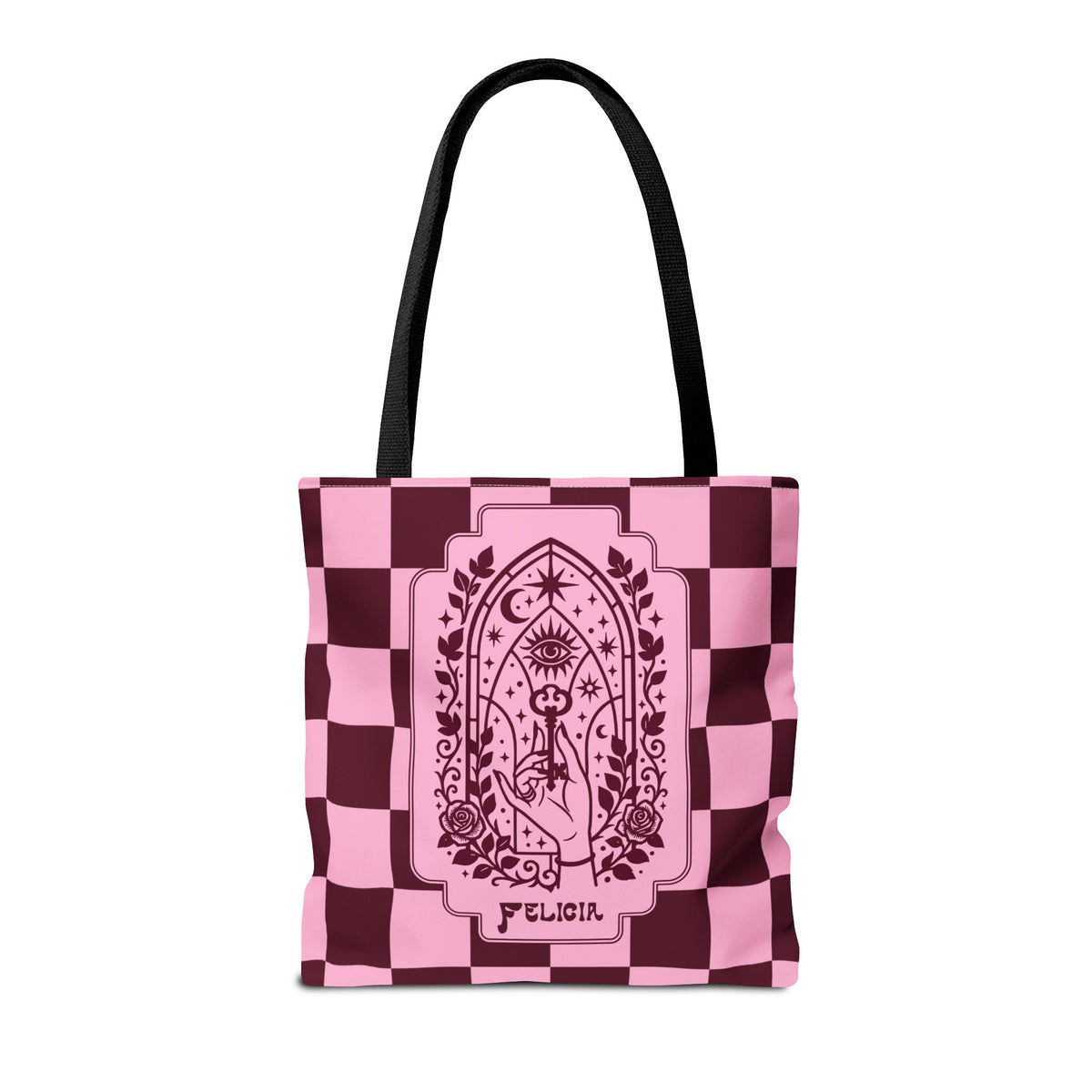 Personalizable Mystic Hand with Key Checkerboard Tote Bag – Pink and Burgundy Retro Goth Carryall