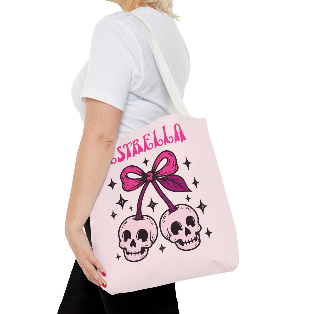 Personalized 'Creepy and Adorable' Pink Skull Cherries Tote Bag - Custom Trick-or-Treat Keepsake