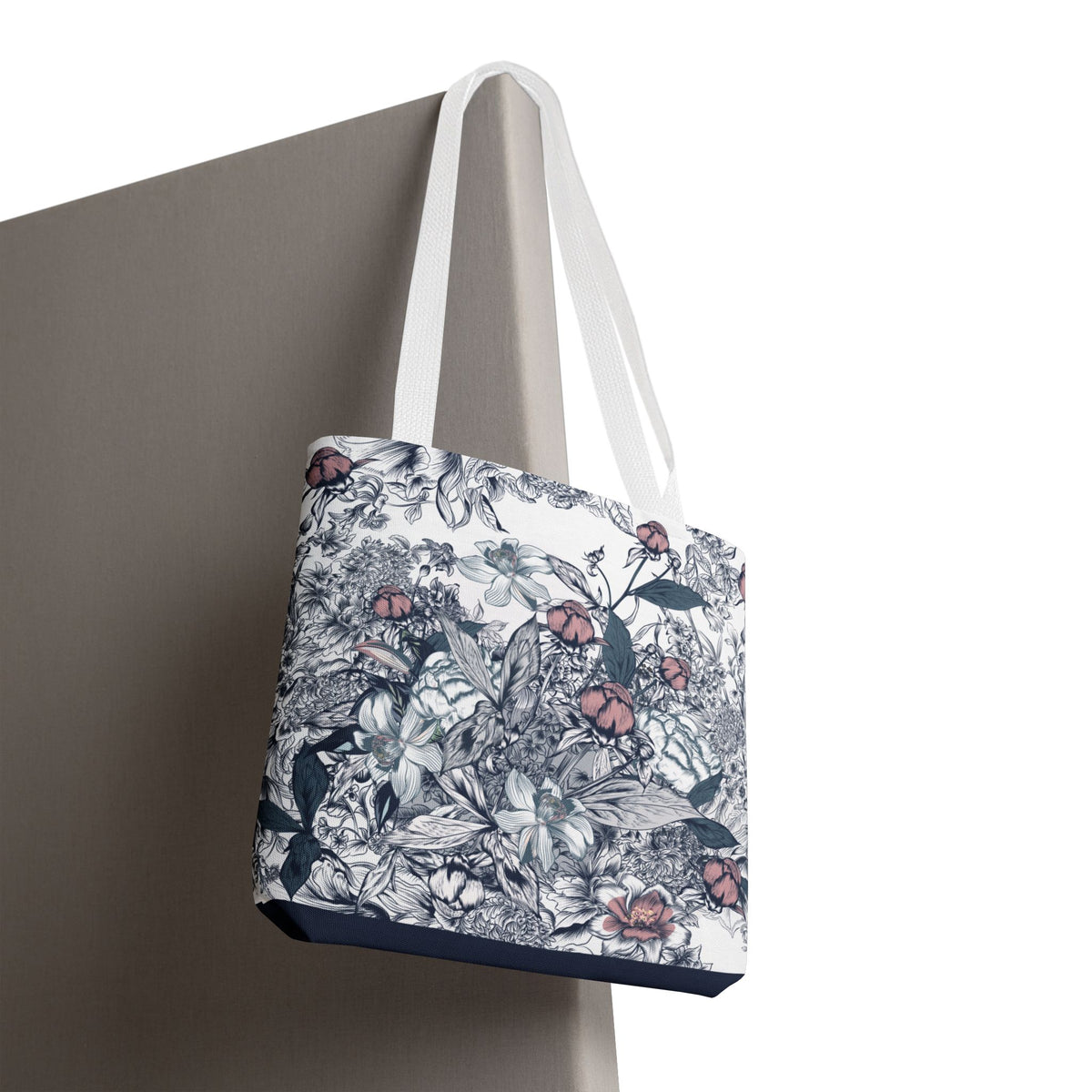 Navy and Pink Floral Sketch Tote Bag - Botanical Market Carryall