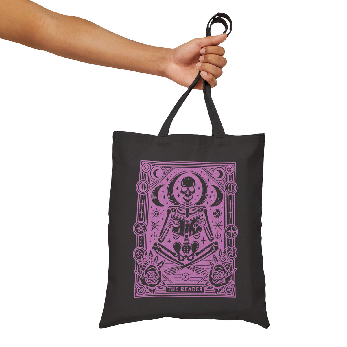 The Reader Skeleton Tarot Design in Purple Cotton Canvas Tote
