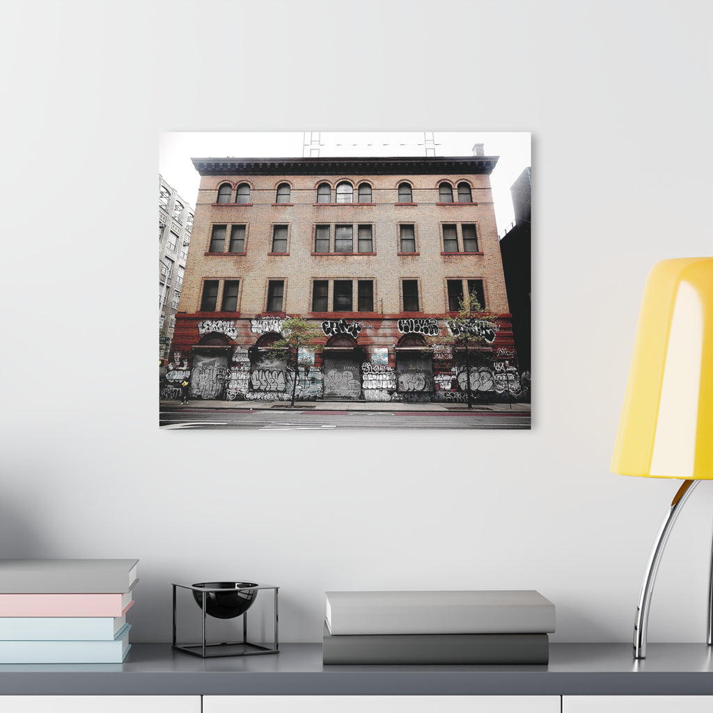 Urban Graffiti Photo Wall Art - Street Level Tagged Building  Acrylic Print