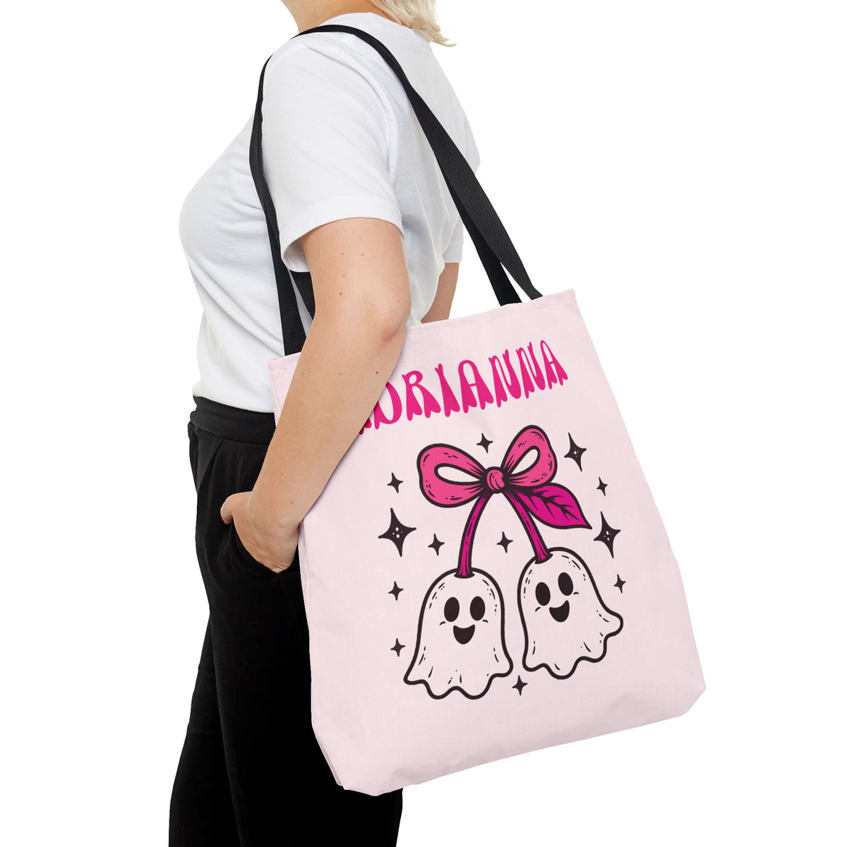 Pink Cute Ghost Cherries Tote Bag - "Spooky and a Cutie" Personalized Halloween Tote