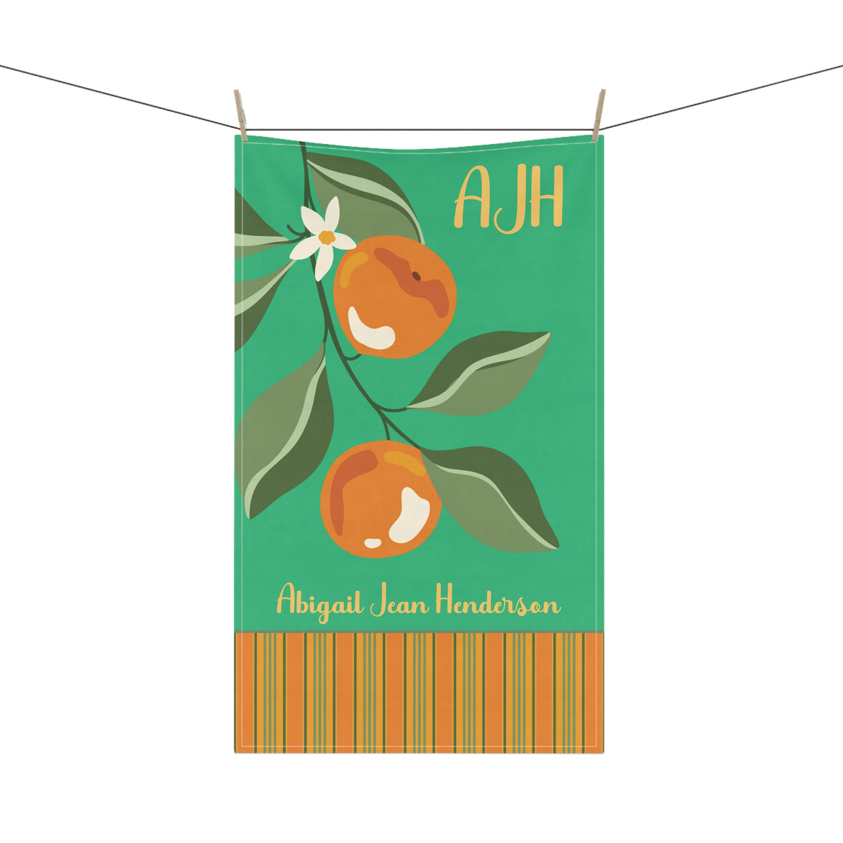 Personalizable Citrus Tea Towel — Name and Monogram Orange Striped Decorative Towel