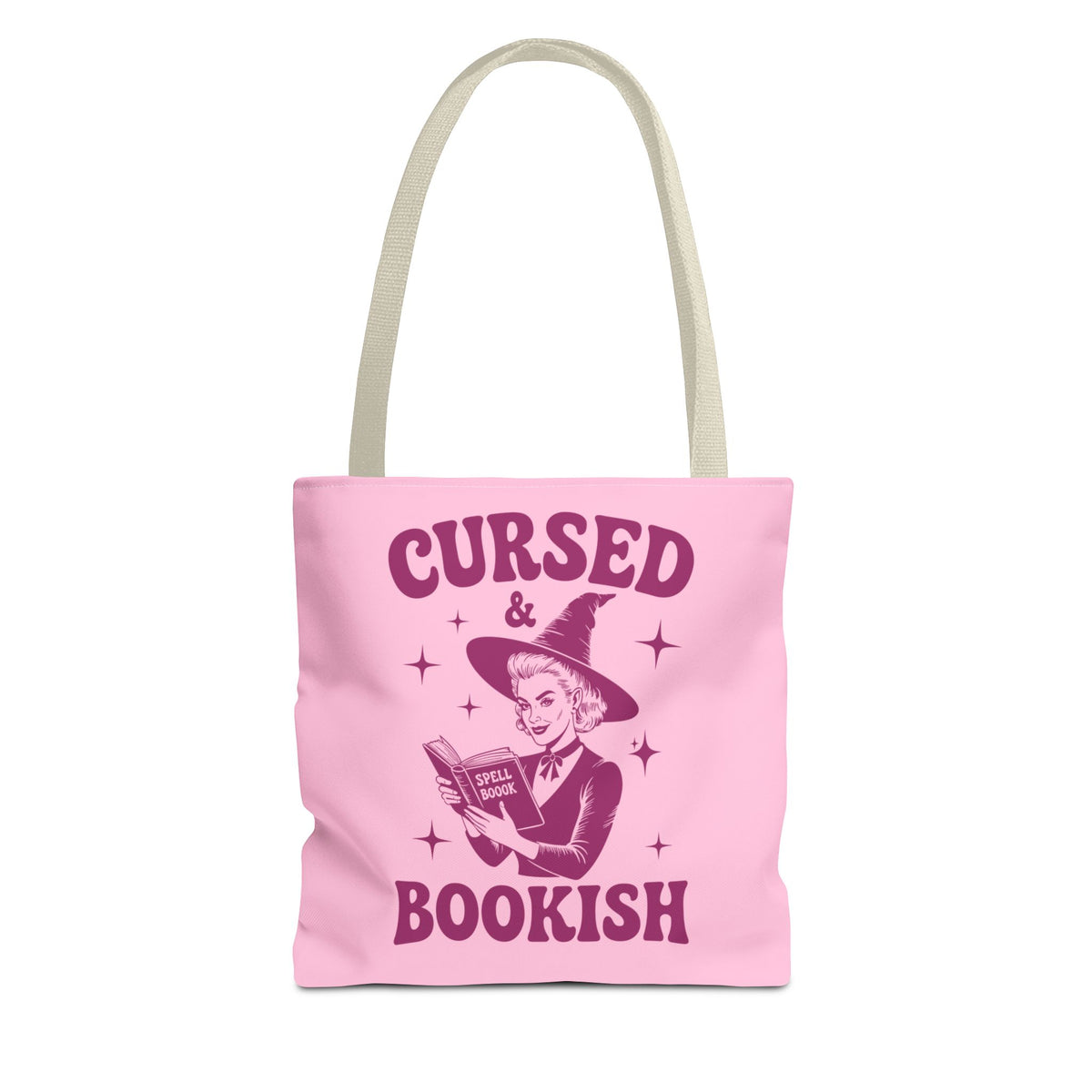 Cursed and Bookish Tote Bag — Witchy Pink Vintage Book Lover Shopper