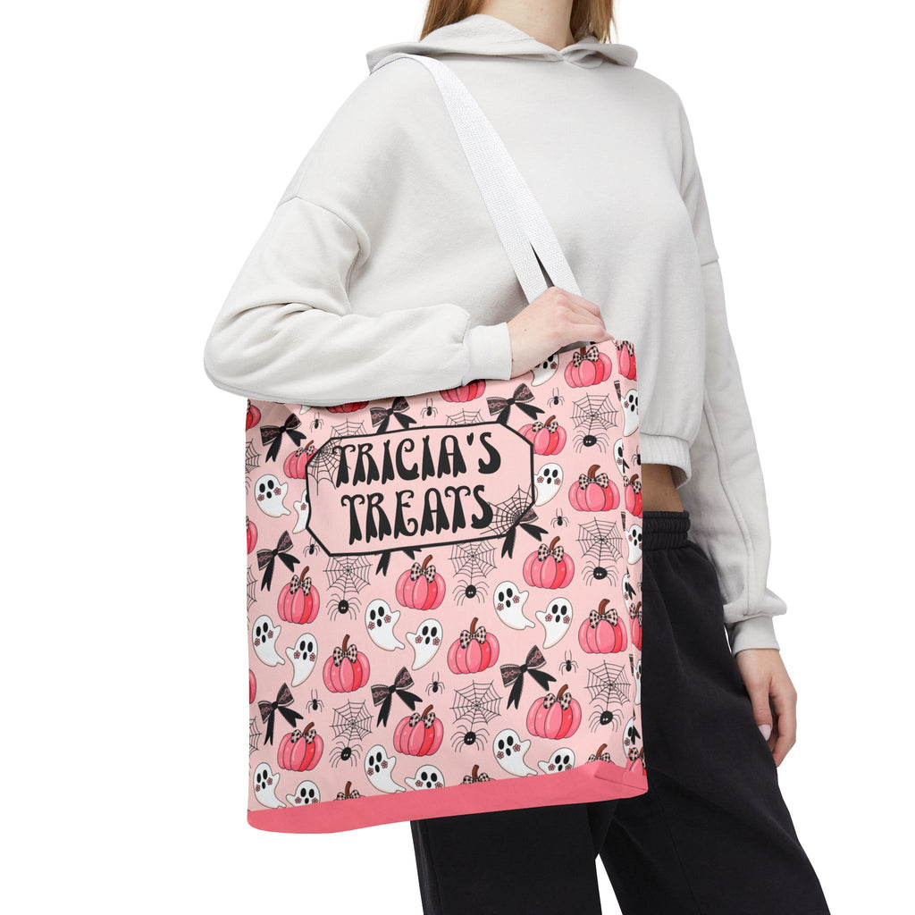 Pink Pumpkin Halloween Tote Bag - Cute Ghosts and Bows Personalizable Trick or Treat Bag