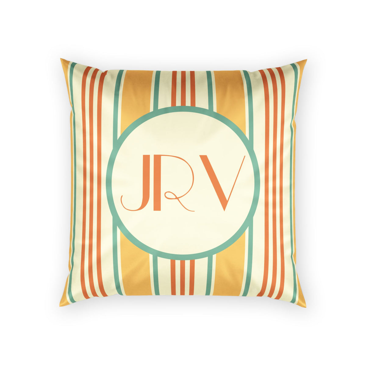 Monogram Velvet Pillow - Customizable Orange and Mint Ticking Stripe Throw Pillow