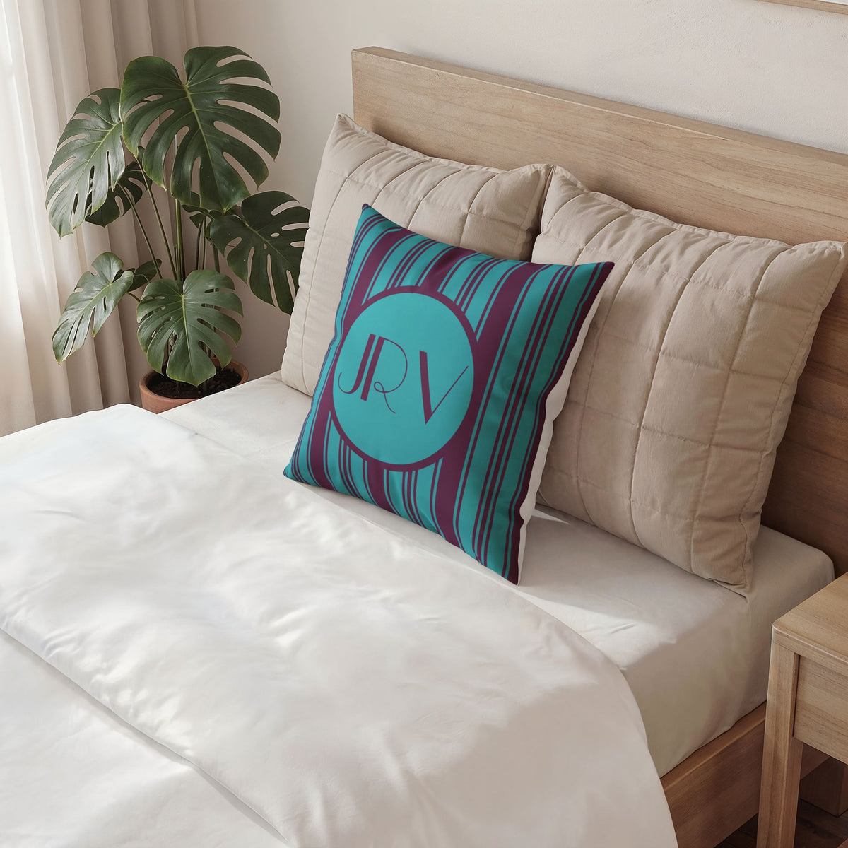 Retro Modern Velvet Pillow - Personalizable Violet and Teal Vintage Striped Monogram Pillow