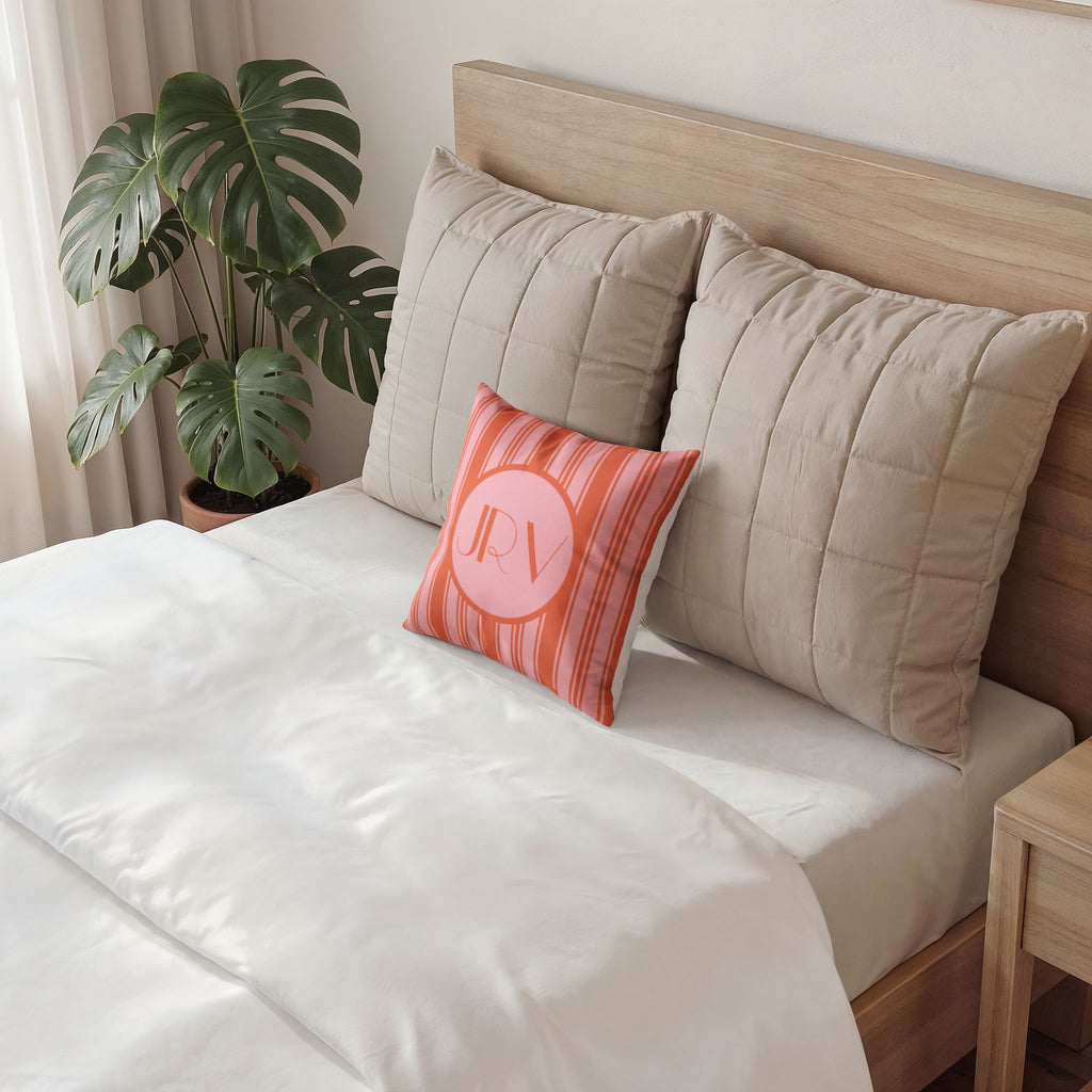 Personalizable Velvet Pillow - Pink and Orange Ticking Stripe Monogram Decorative Pillow