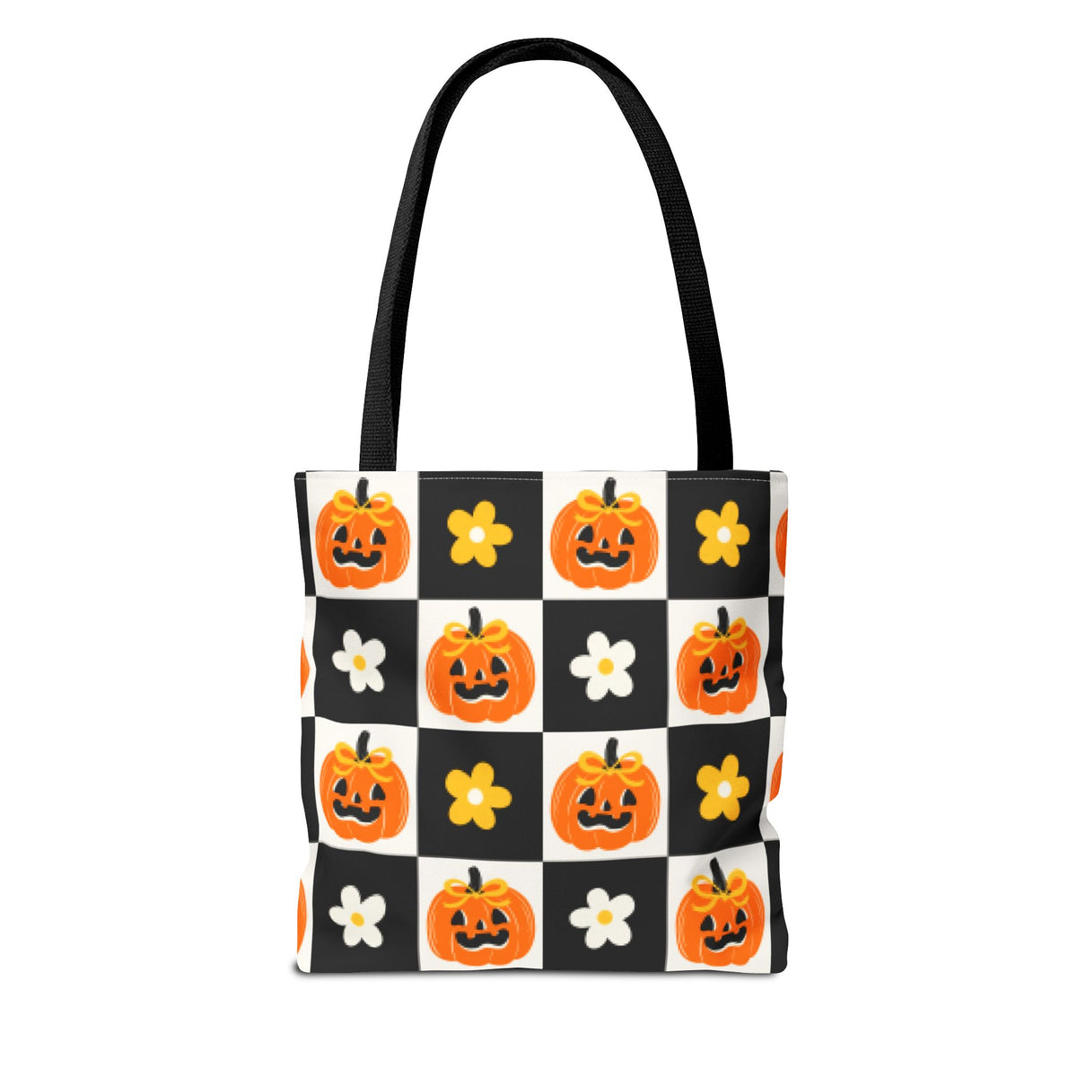 Coquette Pumpkin and Daisy Checkerboard Tote Bag - Cute Jack O Lantern Carryall