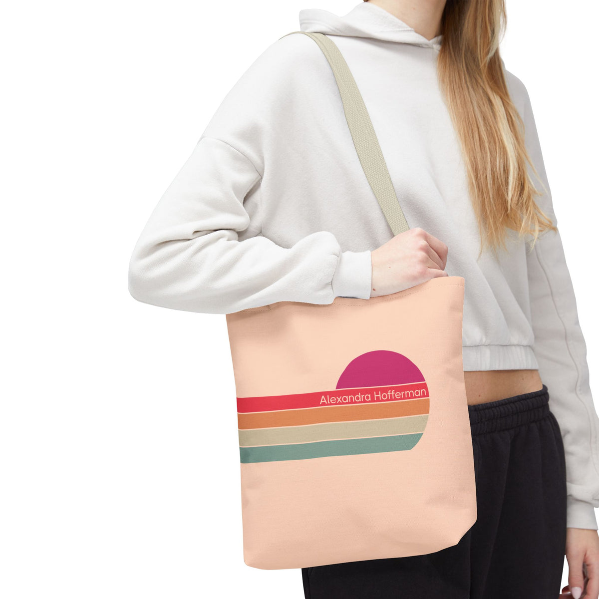 Personalizable Retro Sunset Tote Bag — Pastel Stripes Beach Vibe Carryall