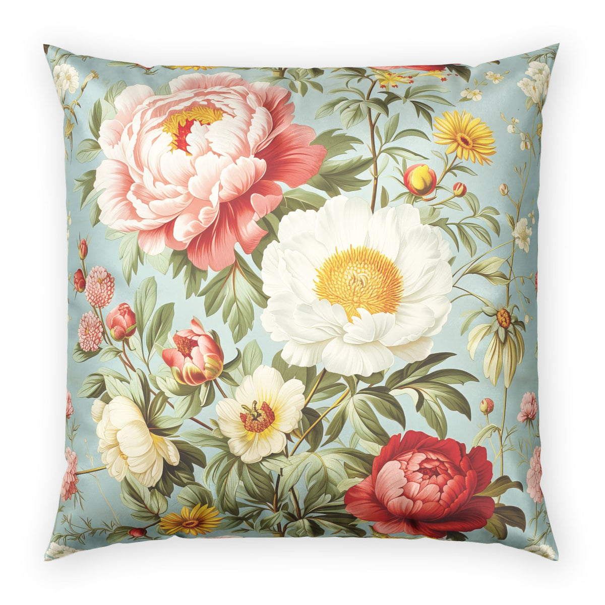 Velvet Floral Throw Pillow - Peonies and Daisies on Mint Vintage Decorative Pillow