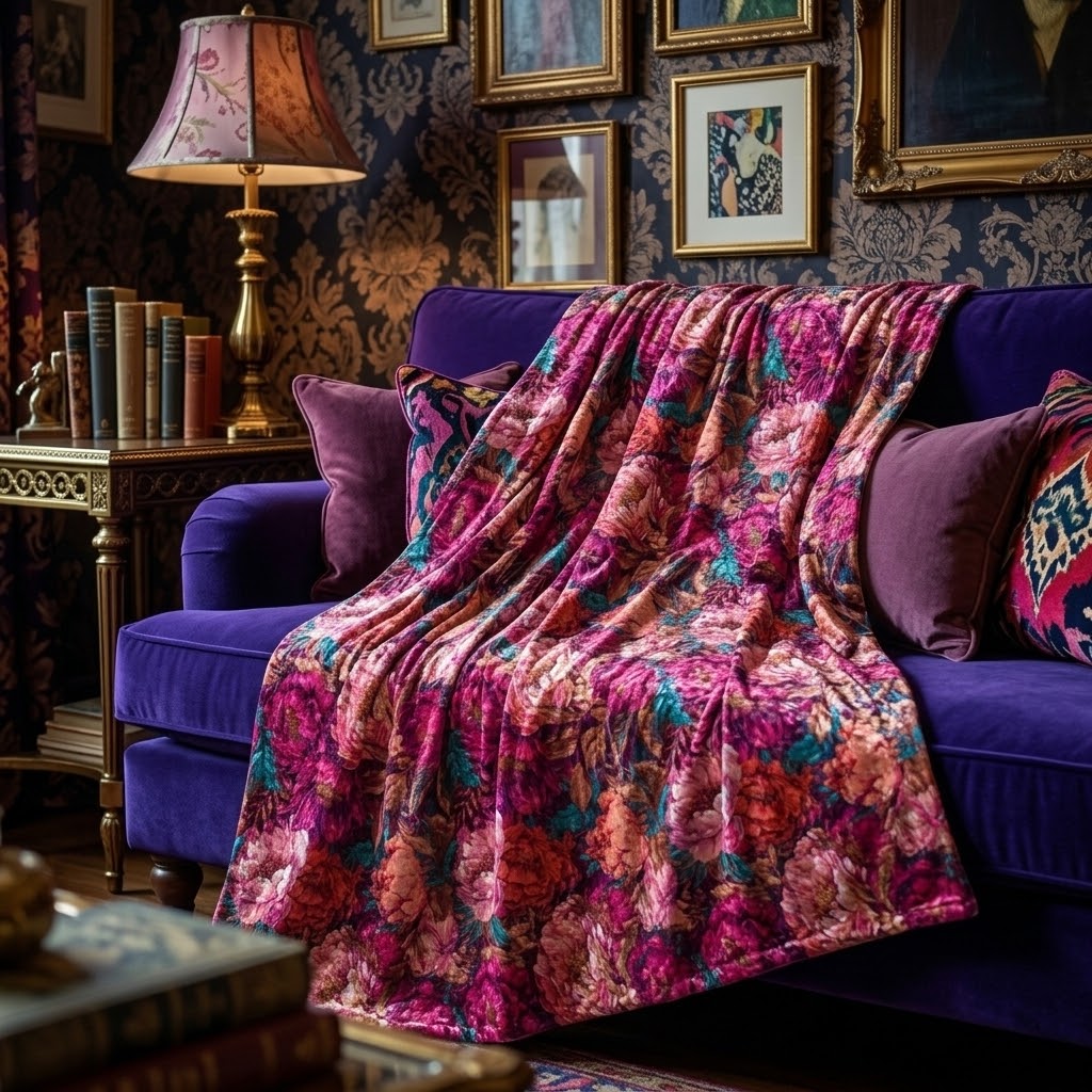 Vivid Magenta Peony Maximalist Crushed Velvet Floral Blanket