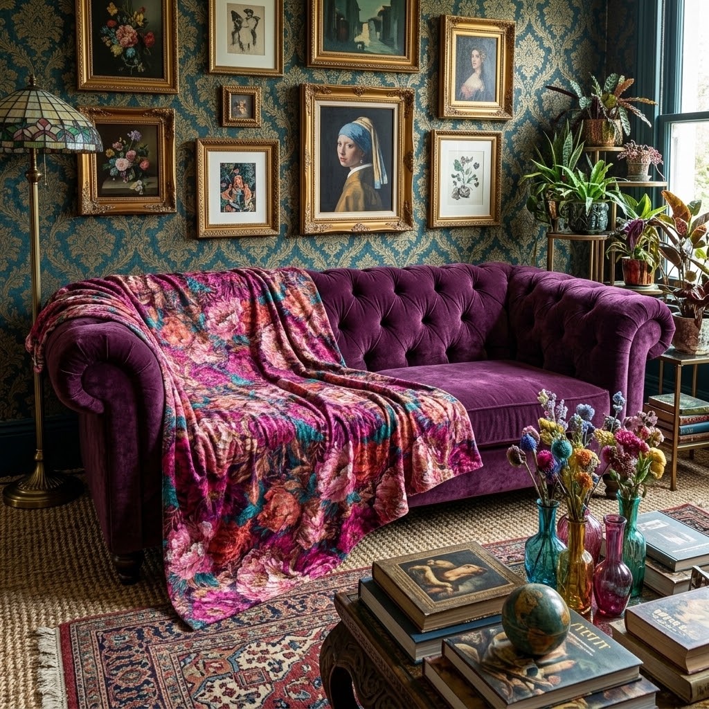 Vivid Magenta Peony Maximalist Crushed Velvet Floral Blanket