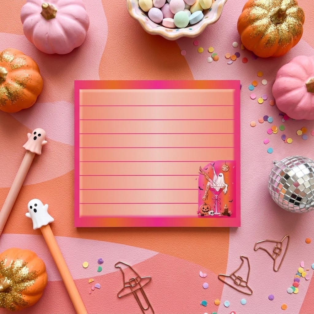 A pink lined notepad with a Halloween-themed cartoon corner illustration, styled in a flat lay with pastel pumpkins, candy, pens, witch hats, and a disco ball on a pink background.