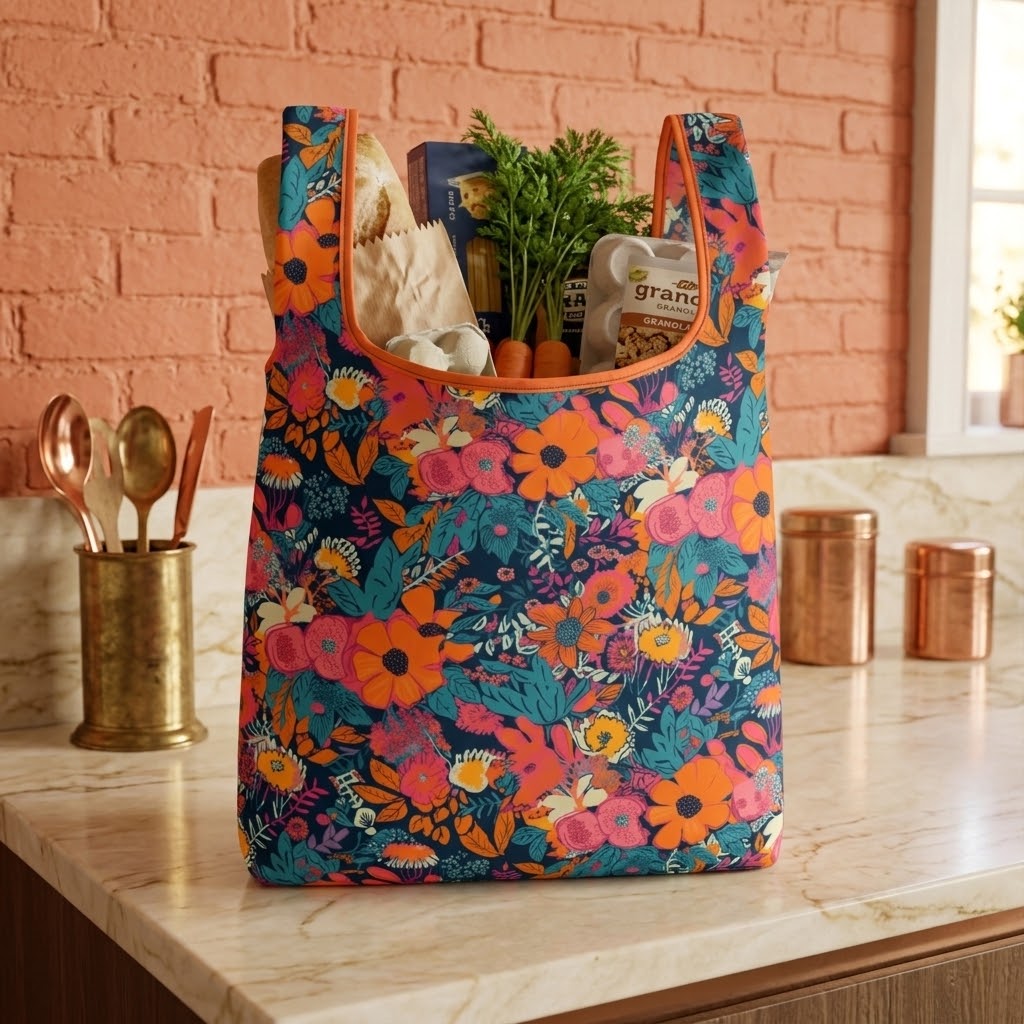 A reusable tote bag with a colorful floral print sits on a kitchen counter, filled with groceries. The background shows a brick wall and copper kitchen accessories.