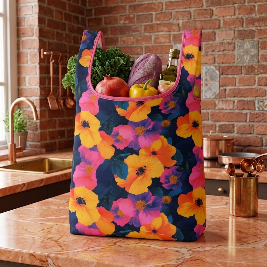 A reusable tote bag with a bold floral print in yellow, pink, purple, and orange on a dark navy background, filled with fresh vegetables and standing on a kitchen countertop.