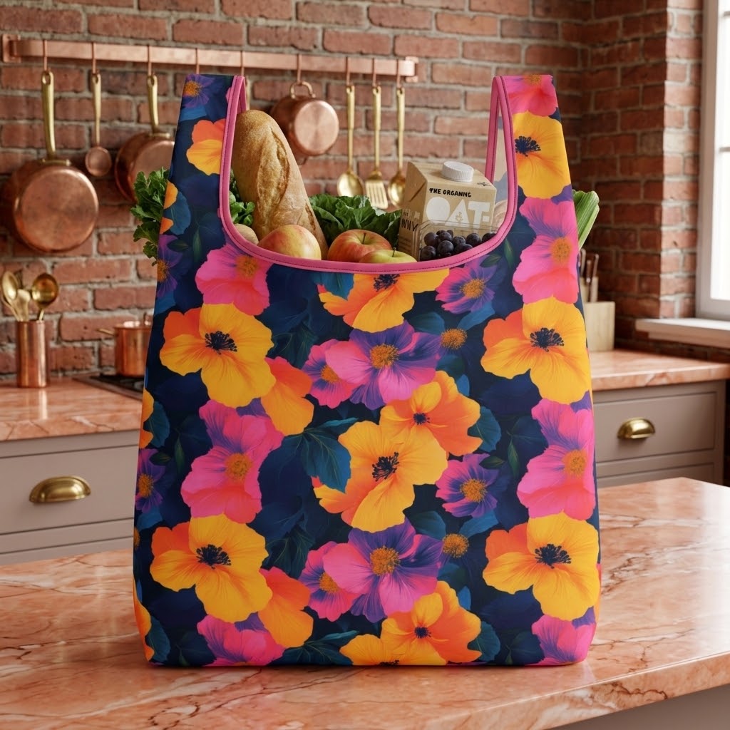 A reusable tote bag with a colorful floral print sits on a kitchen counter, filled with groceries like a loaf of bread, fruit, and a carton of oatmeal. The kitchen has a brick wall and copper pots hanging in the background.