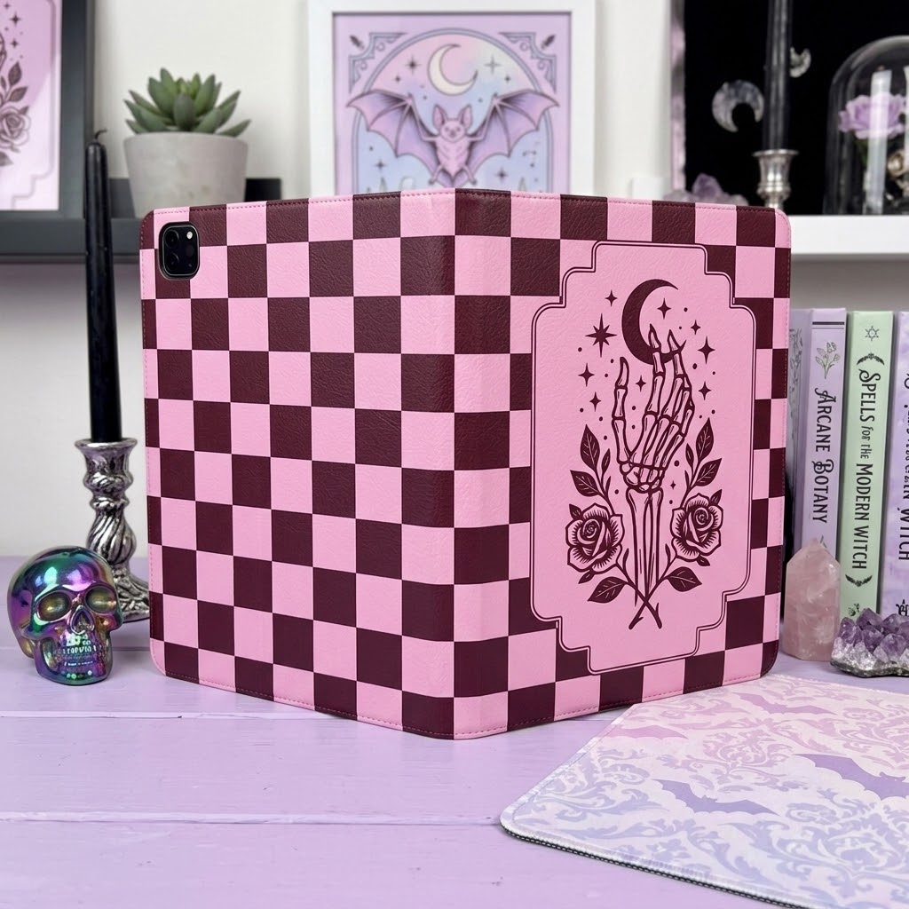 A pink and dark burgundy checkerboard tablet case with a gothic skeleton hand, roses, and crescent moon design on the back, displayed on a lavender desk with books and crystals.