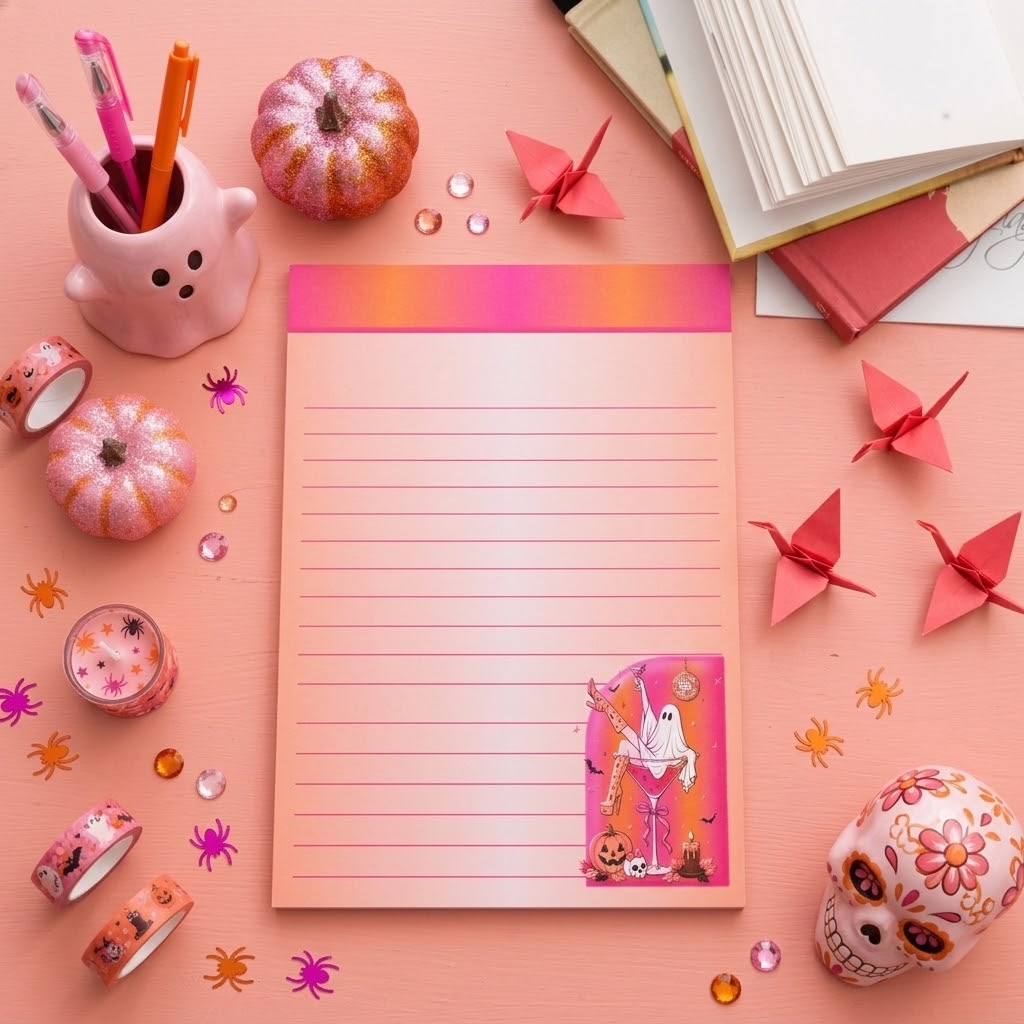 A lined notepad with a pink and orange gradient header and a Halloween-themed ghost illustration in the bottom right corner, styled on a peach background with pumpkins, origami cranes, washi tape, a pink pig-shaped pencil holder, and an open book.