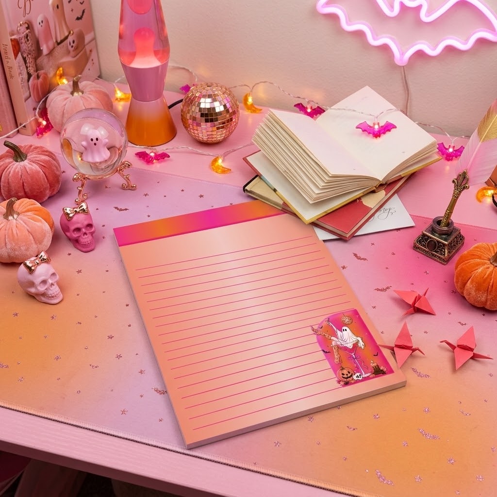 A pink lined notepad with a cute cartoon character sticker lies on a decorated desk with pumpkins, a lava lamp, books, and fairy lights.