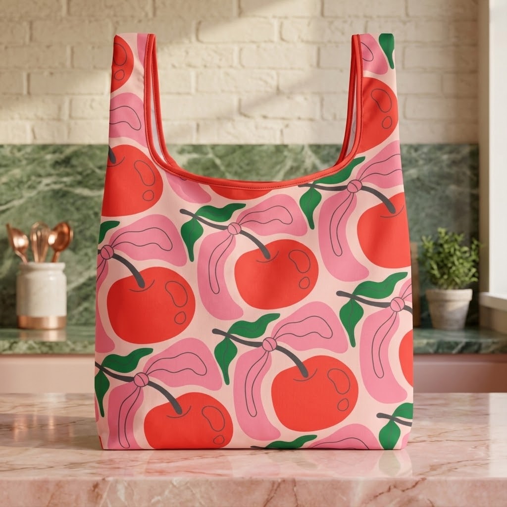A reusable tote bag with a retro cherry pattern, featuring red cherries with pink bows and green leaves on a cream background, set on a marble countertop in a kitchen.