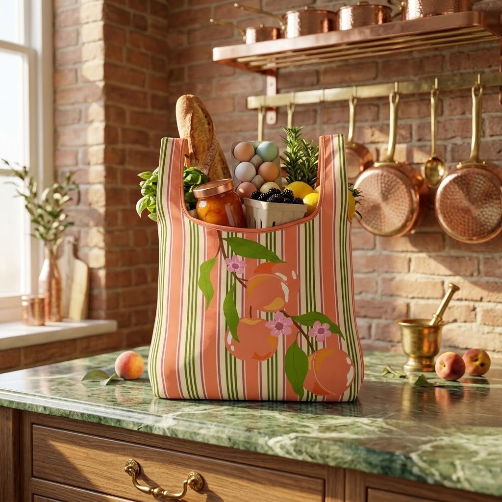 A striped reusable tote bag with a peach and floral print sits on a green marble kitchen counter, filled with groceries like a loaf of bread, eggs, fruit, and a jar, with a brick wall and copper pots in the background.