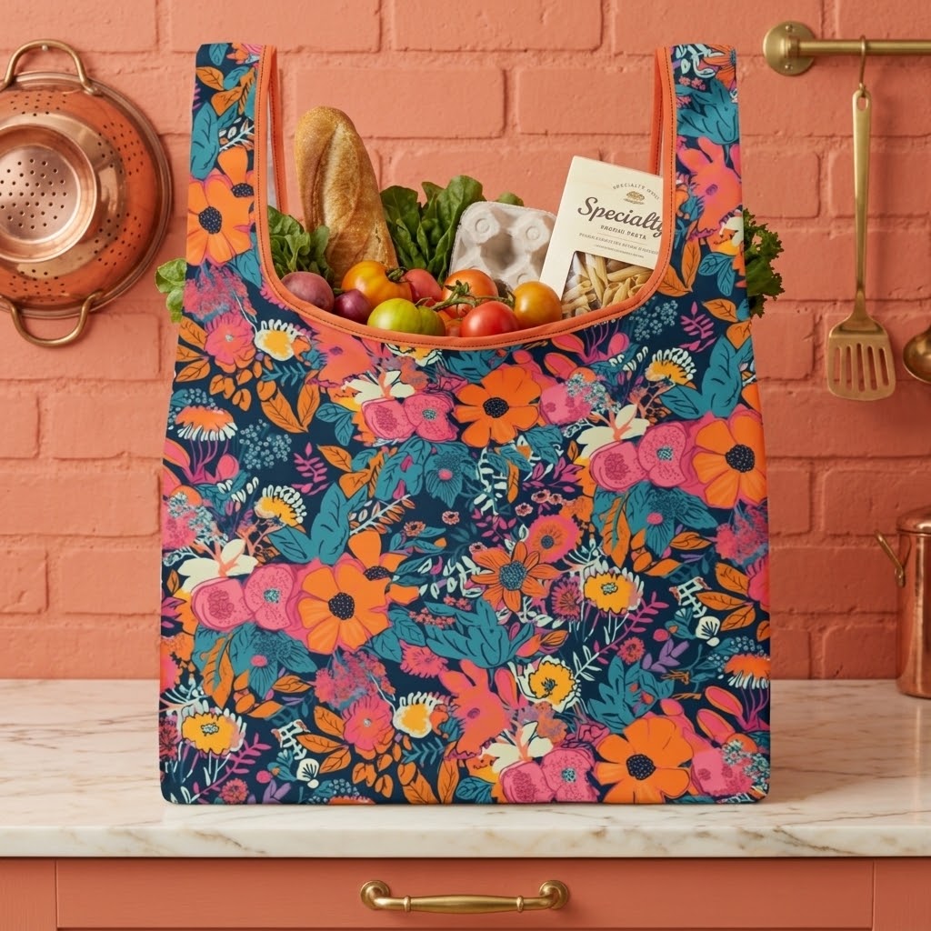 A reusable tote bag with a colorful floral print stands on a kitchen counter, filled with groceries like bread, tomatoes, and pasta. The bag features a vibrant pattern of pink, orange, yellow, and teal flowers on a dark background, set against a peach brick wall backdrop.