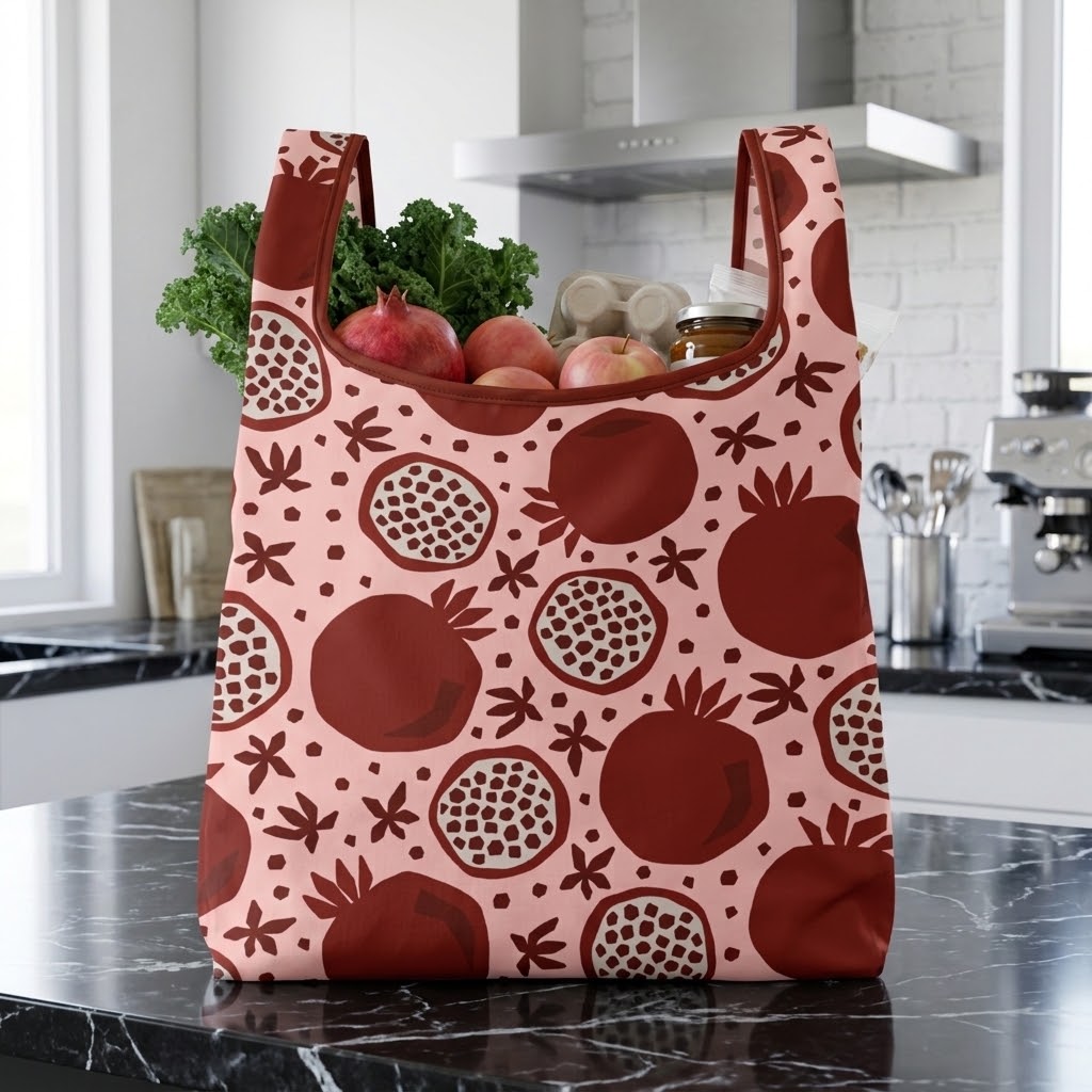 A reusable tote bag with a pink and dark red pomegranate pattern, filled with groceries like greens, apples, and a jar, set on a black marble kitchen countertop.