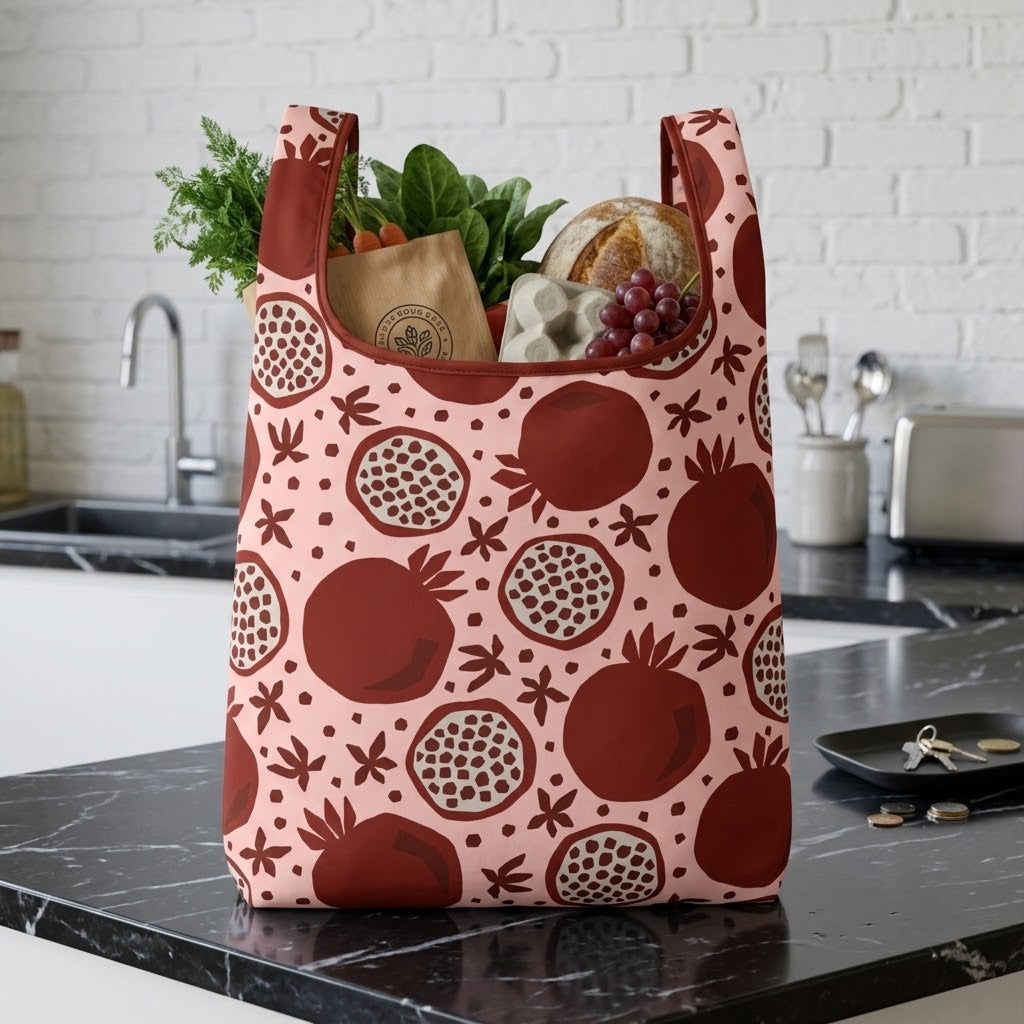 A reusable tote bag with a pomegranate pattern, filled with groceries like greens, bread, and grapes, standing on a black marble kitchen countertop against a white brick wall.