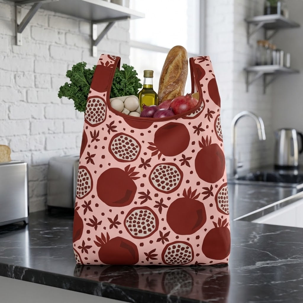 A reusable shopping bag with a pink and dark red pomegranate pattern, filled with groceries like greens, garlic, olives, and bread, standing on a black marble kitchen counter.