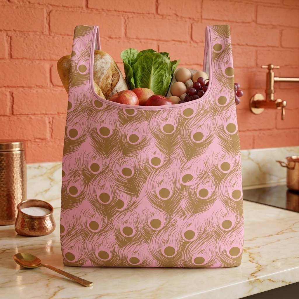 A pink reusable shopping bag with a gold peacock-feather pattern, filled with groceries like bread, lettuce, apples, and grapes, set on a marble countertop against a terracotta brick wall.