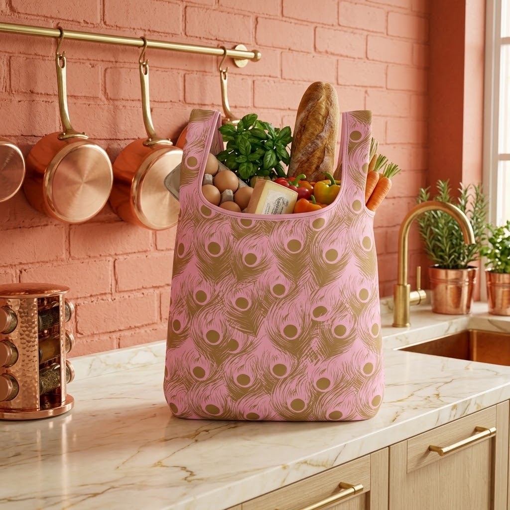 A pink reusable shopping bag with a gold peacock feather pattern sits on a marble kitchen counter, filled with groceries like bread, eggs, greens, and carrots, against a pink brick wall and copper pots.