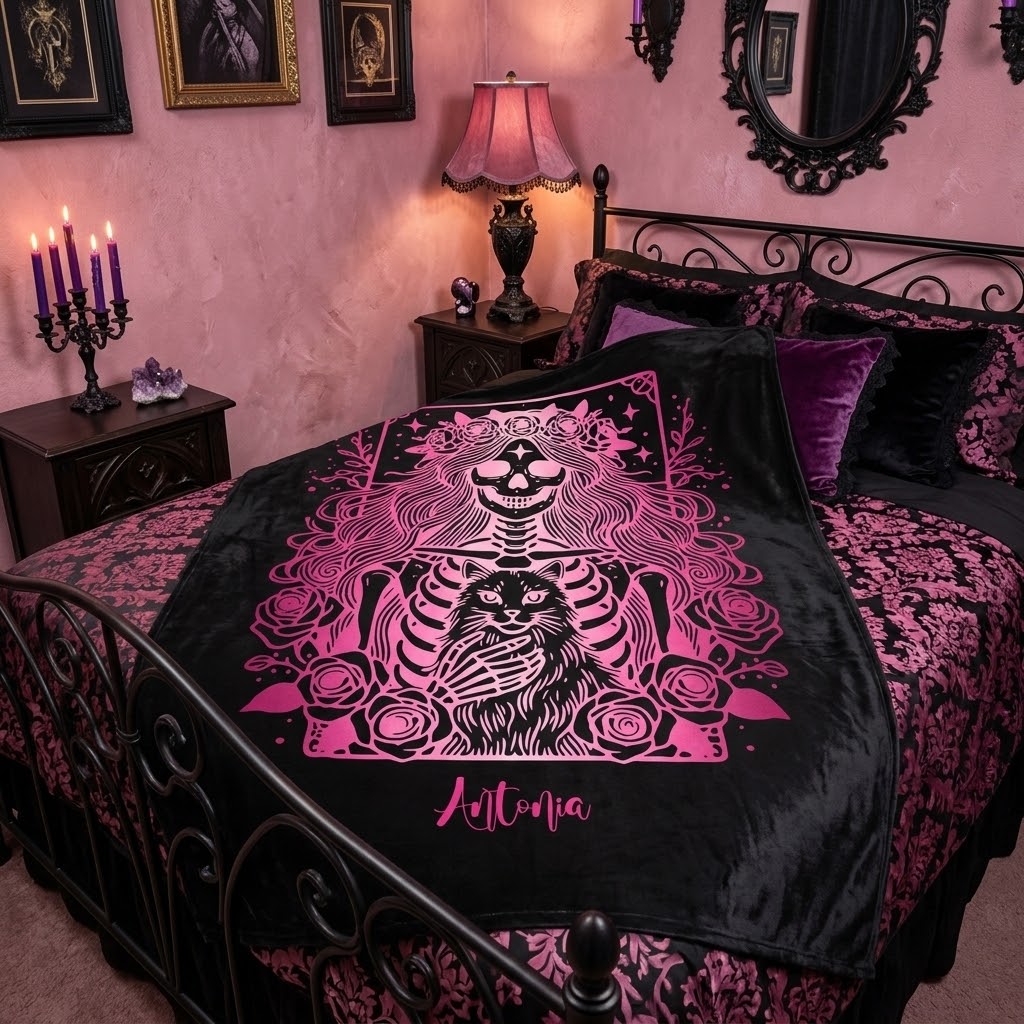 Skeleton Woman and Cat Personalized Velveteen Blanket - Pink Cat Mom Tarot Throw
