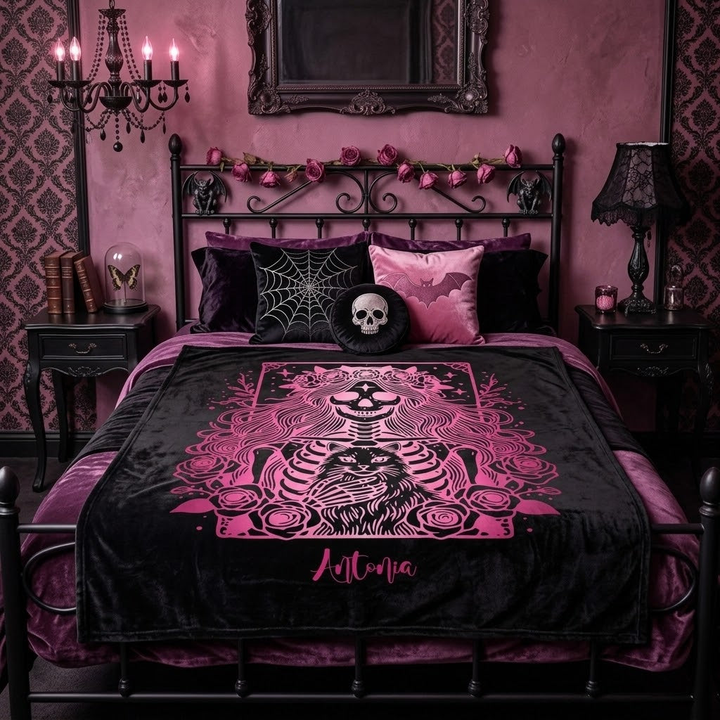 Skeleton Woman and Cat Personalized Velveteen Blanket - Pink Cat Mom Tarot Throw